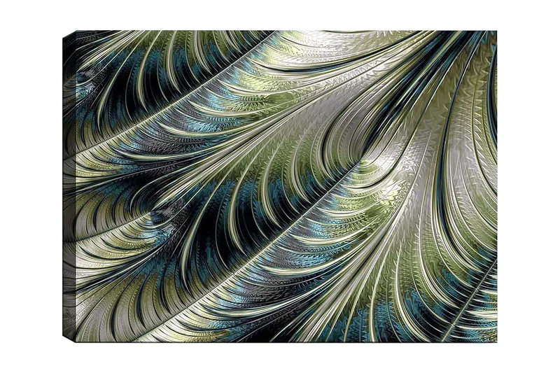 Canvastavla 70x100 cm - Abstrakt mönster med svävande fjädrar i grön och blå nyans, Grön / Blå / Silver
