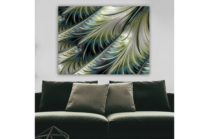 Canvastavla 70x100 cm - Abstrakt mönster med svävande fjädrar i grön och blå nyans - Grön / Blå / Silver - Inredning - Tavlor & konst - Canvastavlor