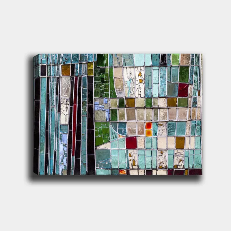 Canvastavla 70x100 cm - Abstrakt mosaik med geometriska former i olika nyanser av grönt och blått, Turkos / Grön / Röd