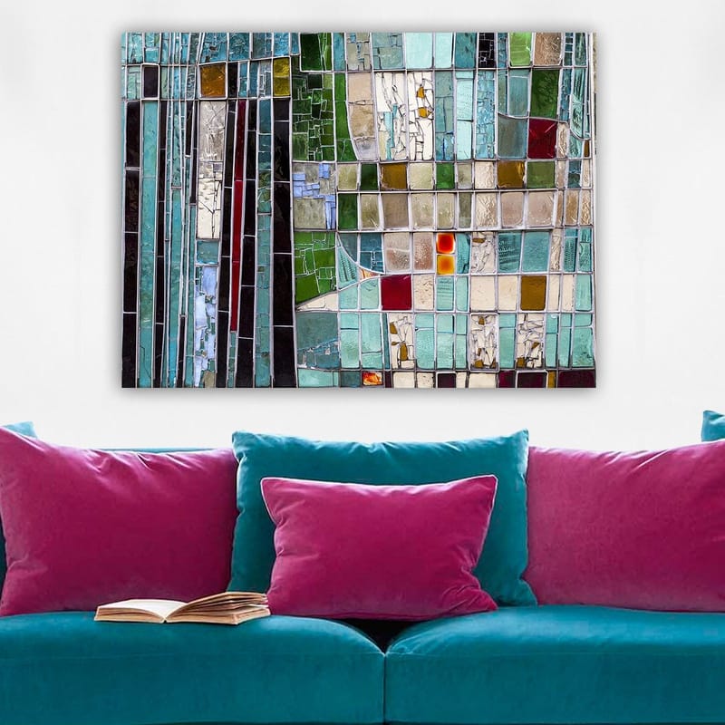 Canvastavla 70x100 cm - Abstrakt mosaik med geometriska former i olika nyanser av grönt och blått - Turkos / Grön / Röd - Inredning - Tavlor & konst - Canvastavlor