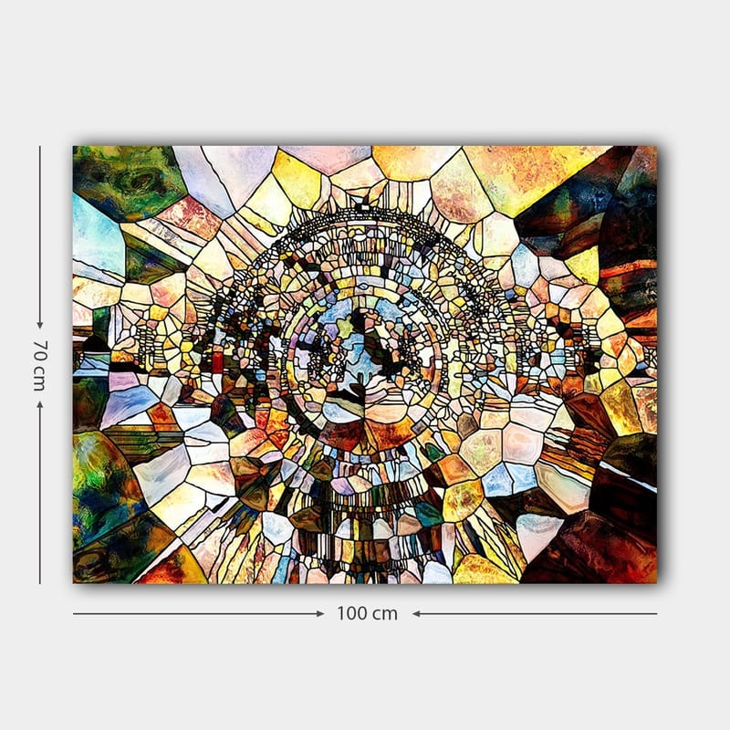 Canvastavla 70x100 cm - Abstrakt mosaikdesign med cirkulära och geometriska former som skapar en känsla av djup och rörelse - Guld / Brunt / Blått - Inredning - Tavlor & konst - Canvastavlor