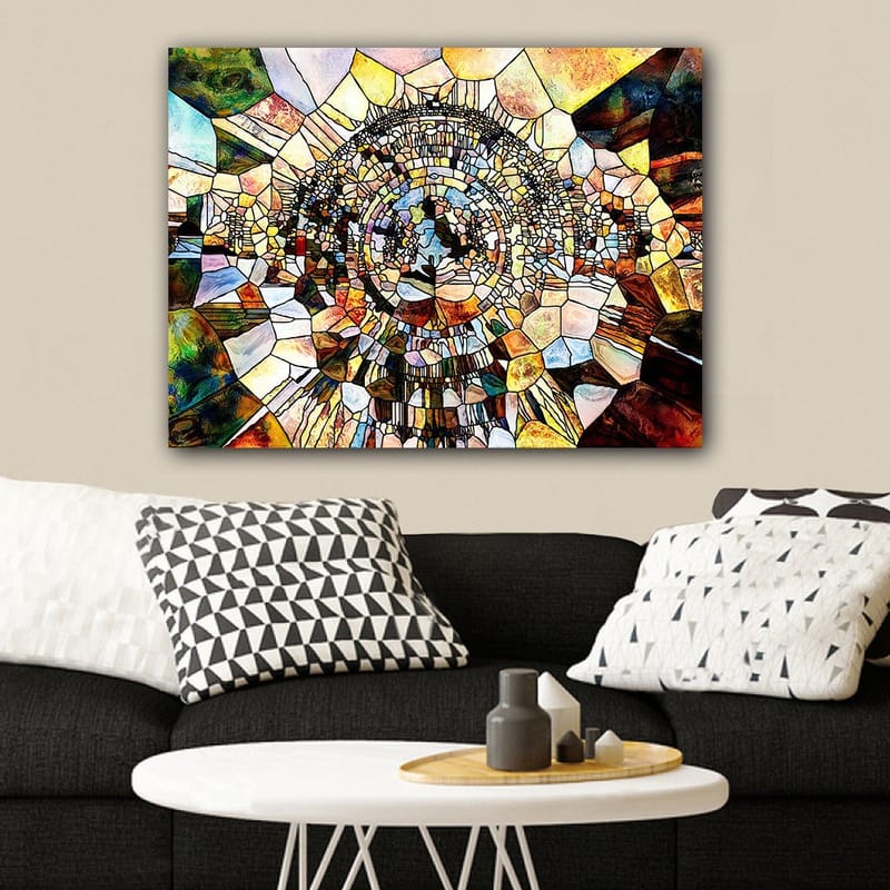 Canvastavla 70x100 cm - Abstrakt mosaikdesign med cirkulära och geometriska former som skapar en känsla av djup och rörelse - Guld / Brunt / Blått - Inredning - Tavlor & konst - Canvastavlor