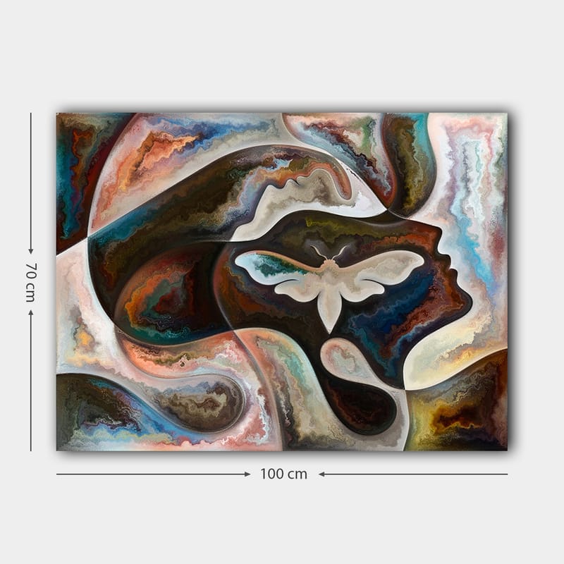 Canvastavla 70x100 cm - Abstrakt skildring av en ansiktsprofil med en fjäril som centralt motiv - Mörkbrun / Beige / Turkos - Inredning - Tavlor & konst - Canvastavlor