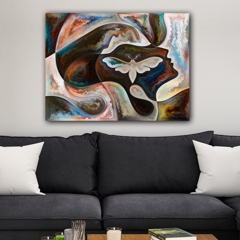 Canvastavla 70x100 cm - Abstrakt skildring av en ansiktsprofil med en fjäril som centralt motiv - Mörkbrun / Beige / Turkos - Inredning - Tavlor & konst - Canvastavlor