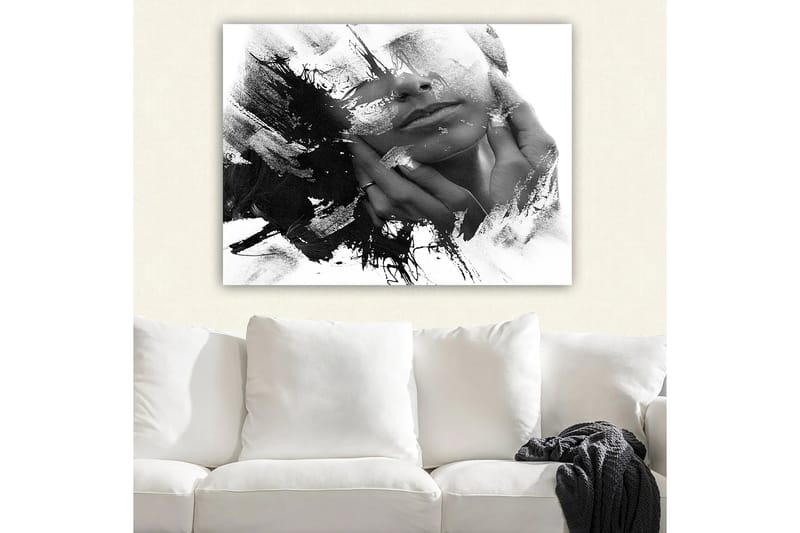 Canvastavla 70x100 cm - Abstrakt skildring av en ansiktsprofil med händer som rör vid ansiktet, Svart / Vitt / Grått