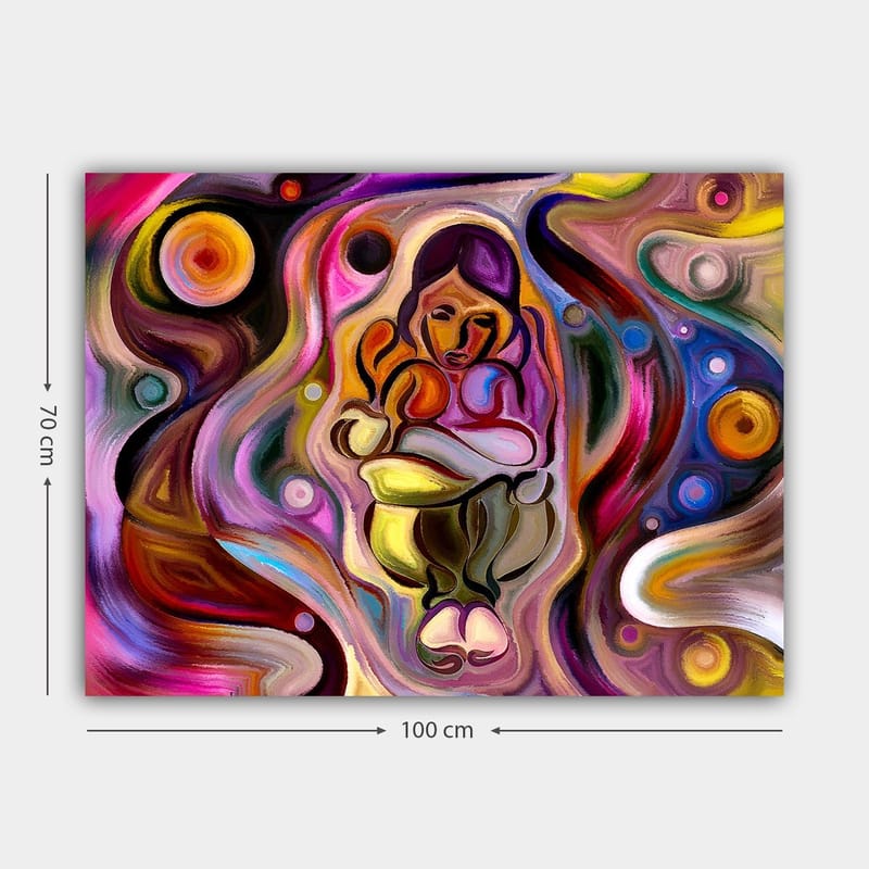 Canvastavla 70x100 cm - Abstrakt skildring av en kvinna som håller ett barn i famnen, omgiven av färgglada svängningar och former - Rosa / Gult / Grönt - Inredning - Tavlor & konst - Canvastavlor