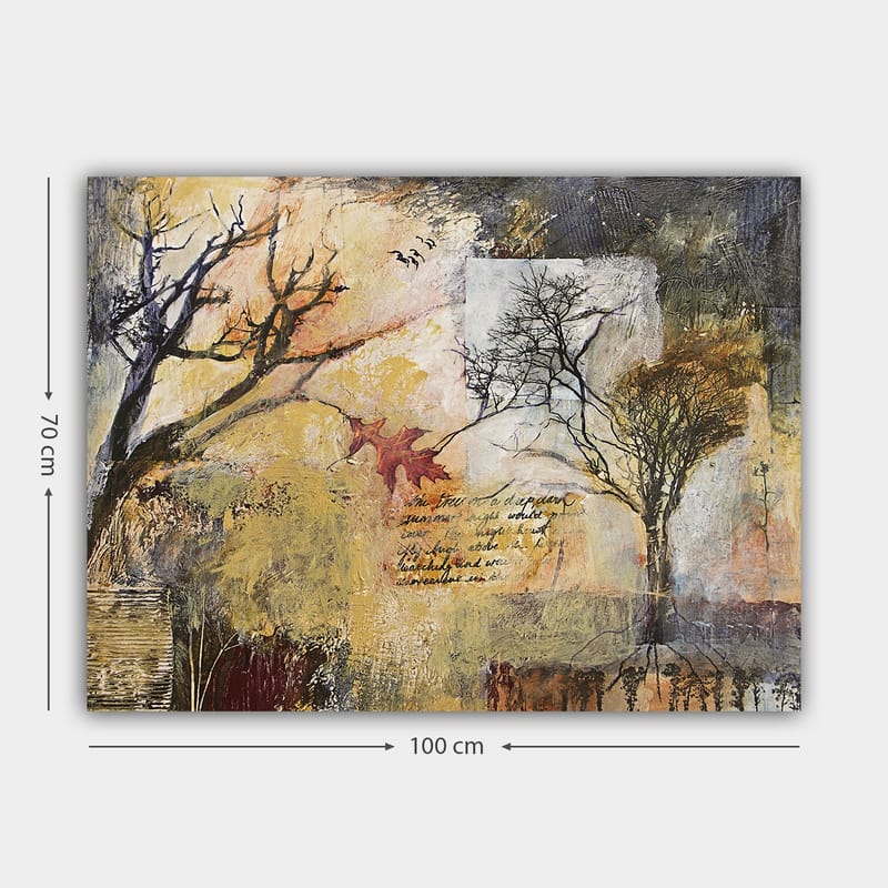 Canvastavla 70x100 cm - Abstrakt skildring av träd i höstlandskap med inslag av text och färgglada löv - Guld / Brun / Svart - Inredning - Tavlor & konst - Canvastavlor