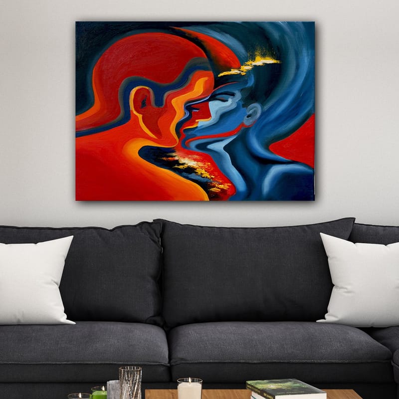 Canvastavla 70x100 cm - Abstrakt skildring av två ansikten som närmar sig varandra i en intensiv och känslomässig omfamning - Röd / Blå / Svart - Inredning - Tavlor & konst - Canvastavlor