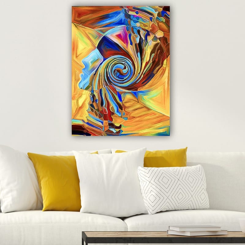Canvastavla 70x100 cm - Abstrakt skulptur som föreställer en spiralformad ansiktsprofil i varma färger - Orange / Blå / Brun - Inredning - Tavlor & konst - Canvastavlor