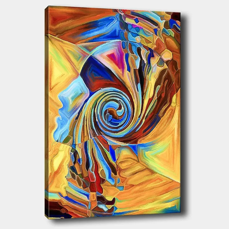 Canvastavla 70x100 cm - Abstrakt skulptur som föreställer en spiralformad ansiktsprofil i varma f ärger, Orange / Blå / Brun