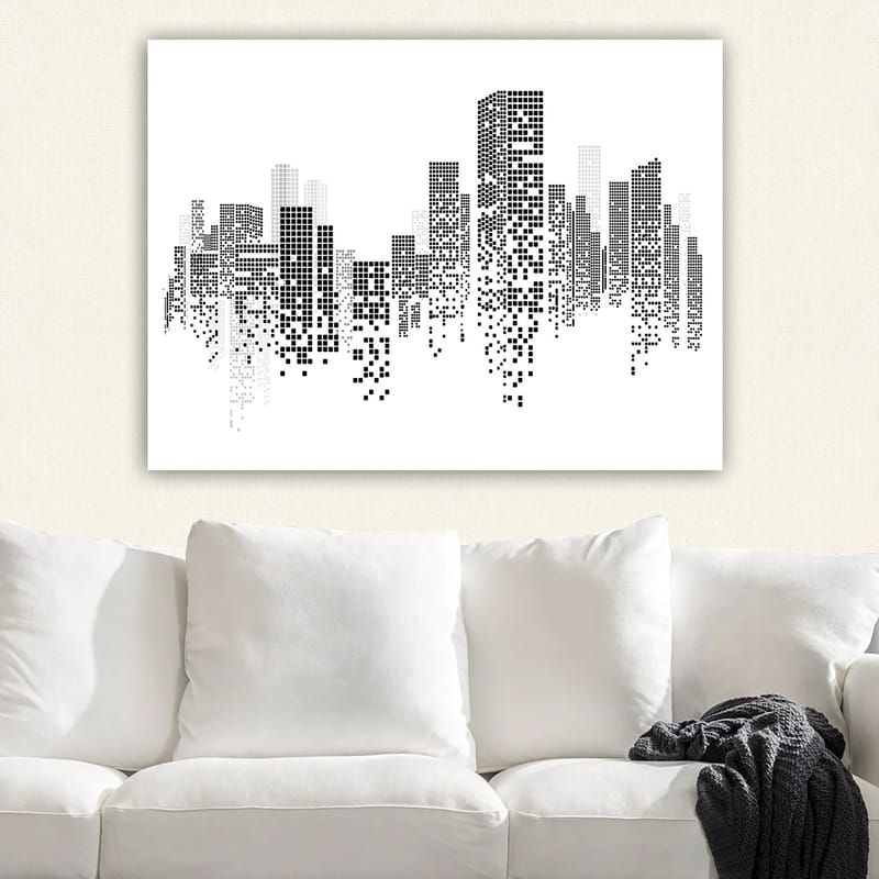 Canvastavla 70x100 cm - Abstrakt stadslandskap i svart och vitt med pixelmönster - Svart / Vitt / Grått - Inredning - Tavlor & konst - Canvastavlor