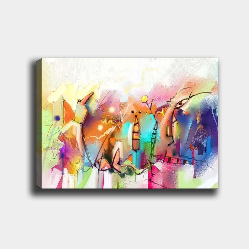 Canvastavla 70x100 cm - Abstrakt stadsmotiv med färgglada byggnader och dynamiska former, Blå / Rosa / Gul