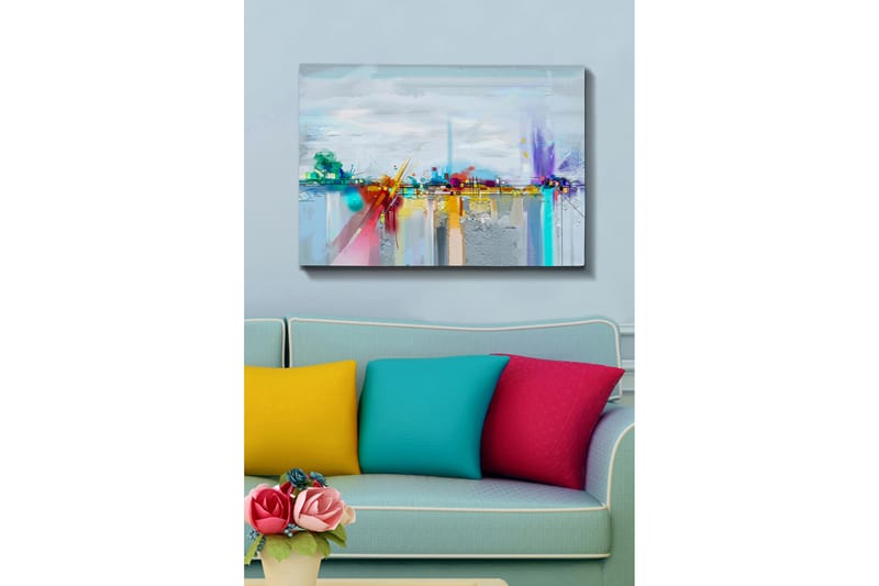 Canvastavla 70x100 cm - Abstrakt stadssilhuett med färgglada inslag och reflektioner - Blå / Lila / Orange - Inredning - Tavlor & konst - Canvastavlor