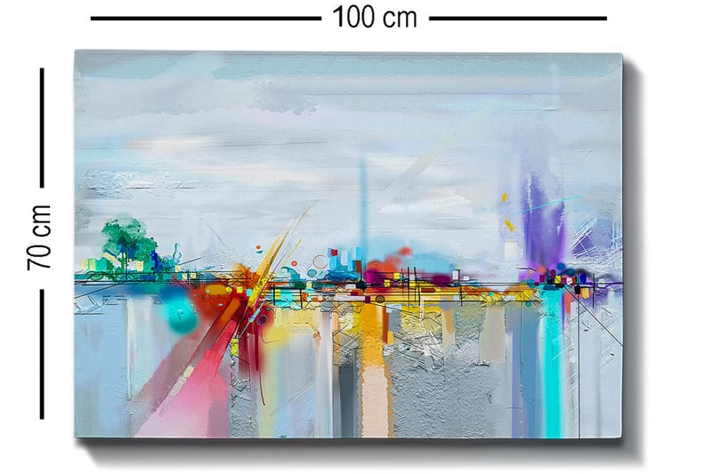 Canvastavla 70x100 cm - Abstrakt stadssilhuett med färgglada inslag och reflektioner - Blå / Lila / Orange - Inredning - Tavlor & konst - Canvastavlor