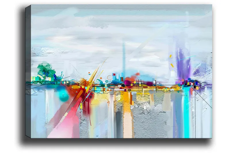 Canvastavla 70x100 cm - Abstrakt stadssilhuett med färgglada inslag och reflektioner - Blå / Lila / Orange - Inredning - Tavlor & konst - Canvastavlor