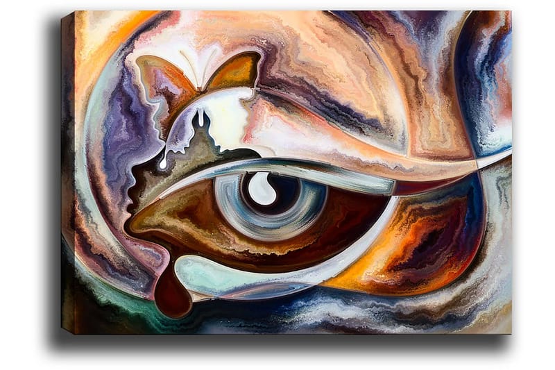 Canvastavla 70x100 cm - Abstrakt tolkning av ett öga med inslag av en fjäril och en ansiktsprofil - Blå / Brun / Orange - Inredning - Tavlor & konst - Canvastavlor