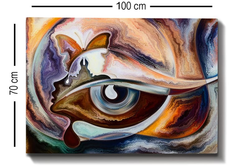 Canvastavla 70x100 cm - Abstrakt tolkning av ett öga med inslag av en fjäril och en ansiktsprofil - Blå / Brun / Orange - Inredning - Tavlor & konst - Canvastavlor