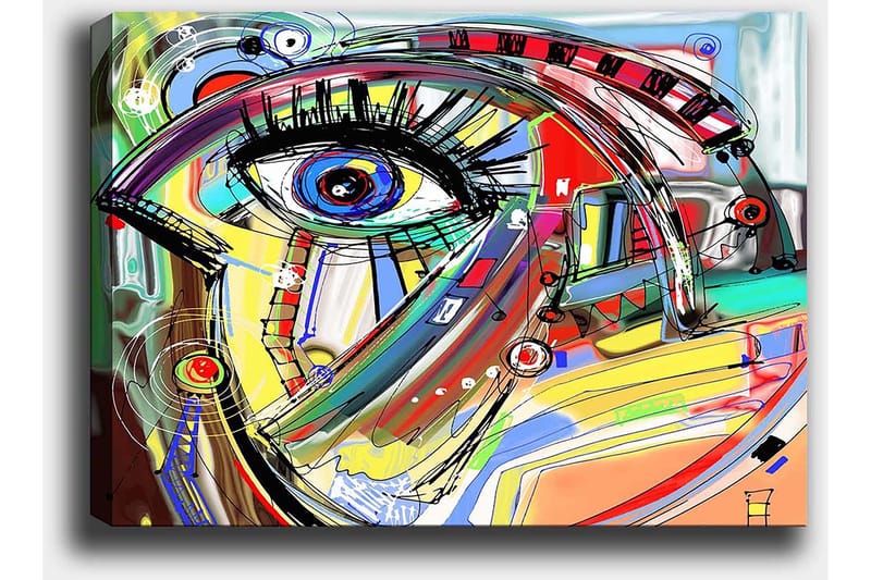 Canvastavla 70x100 cm - Abstrakt tolkning av ett ansikte med fokus på ögat - Blå / Gul / Röd - Inredning - Tavlor & konst - Canvastavlor