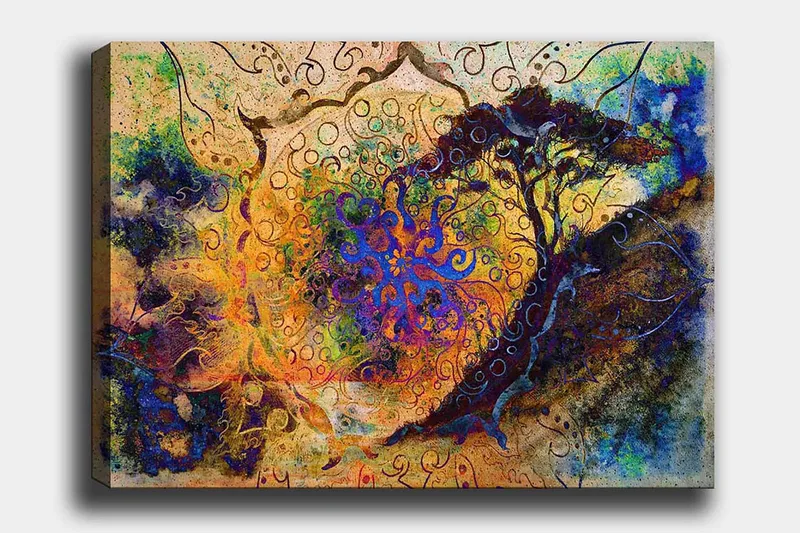 Canvastavla 70x100 cm - Abstrakt träd med spiraler och färgglada mönster i en drömliknande komposition - Blå / Orange / Lila - Inredning - Tavlor & konst - Canvastavlor