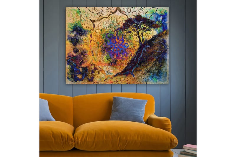 Canvastavla 70x100 cm - Abstrakt träd med spiraler och färgglada mönster i en drömliknande komposition - Blå / Orange / Lila - Inredning - Tavlor & konst - Canvastavlor