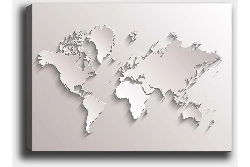 Canvastavla 70x100 cm - Abstrakt världskarta i skulptural stil - Vit / Ljusgrå - Inredning - Tavlor & konst - Canvastavlor