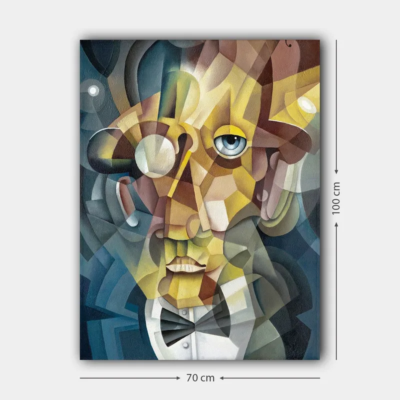 Canvastavla 70x100 cm - Abstrakt porträtt av en man med en elegant kostym och en uttrycksfull blick - Guld / Blå / Beige - Inredning - Tavlor & konst - Canvastavlor