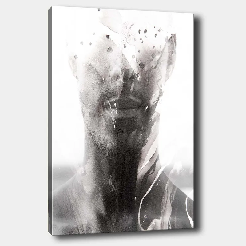 Canvastavla 70x100 cm - Abstrakt porträtt av en man med suddiga och flytande linjer som skapar en drömlik känsla, Svart / Grått / Vitt