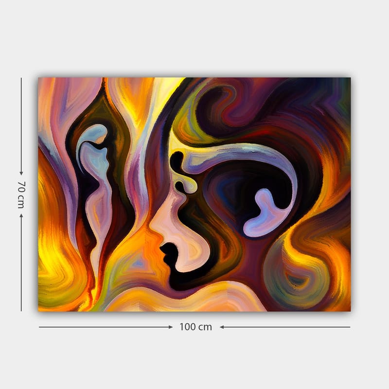 Canvastavla 70x100 cm - Abstrakt porträtt med sammansmälta ansiktsformer och färger som uttrycker känslor - Mörk lila / Orange / Ljusblå - Inredning - Tavlor & konst - Canvastavlor