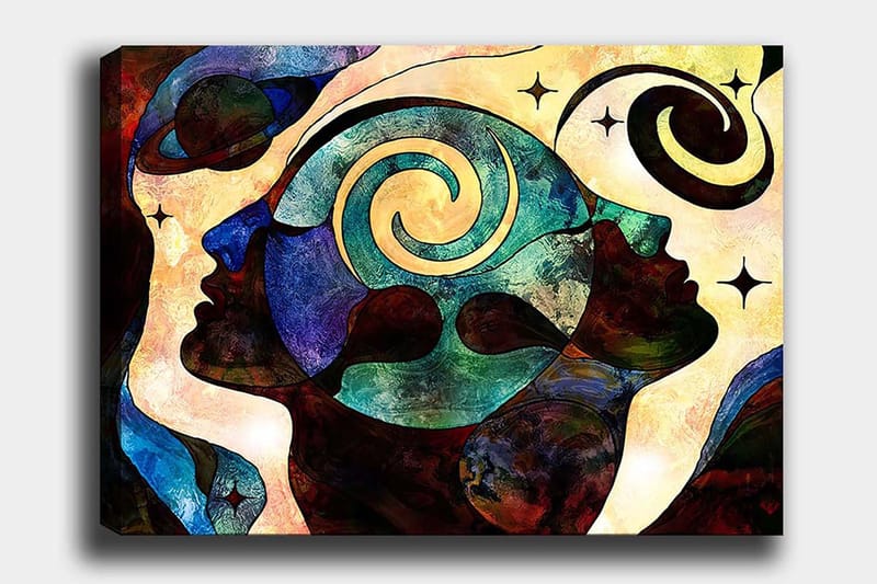 Canvastavla 70x100 cm - Abstrakt porträtt av ansikten med spiralmotiv som symboliserar tankar och känslor - Mörkblå / Grön / Brun - Inredning - Tavlor & konst - Canvastavlor