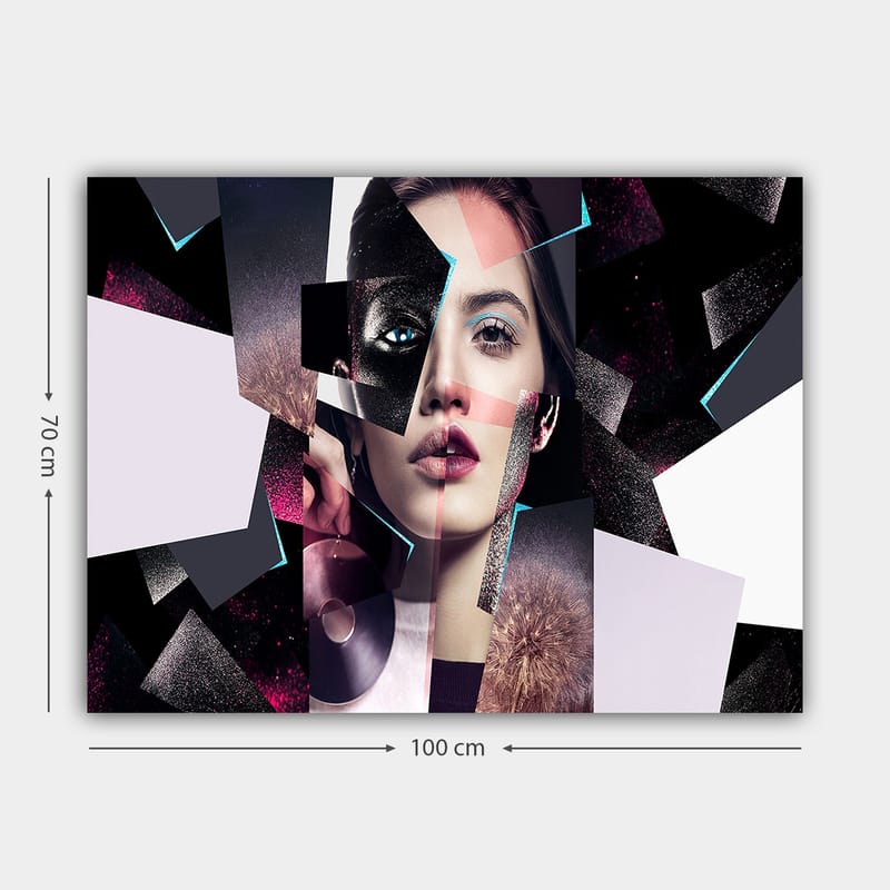 Canvastavla 70x100 cm - Abstrakt porträttkomposition av en kvinna med geometriska former och kontrasterande färger - Svart / Vit / Rosa - Inredning - Tavlor & konst - Canvastavlor