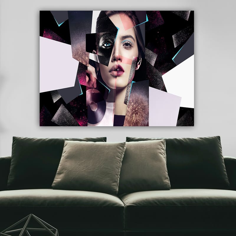 Canvastavla 70x100 cm - Abstrakt porträttkomposition av en kvinna med geometriska former och kontrasterande färger - Svart / Vit / Rosa - Inredning - Tavlor & konst - Canvastavlor