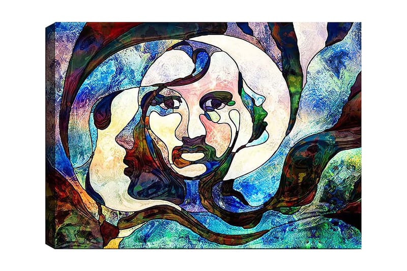 Canvastavla 70x100 cm - Abstrakt porträtt av en kvinna med flödande linjer och färger, Blå / Grön / Röd