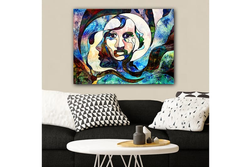 Canvastavla 70x100 cm - Abstrakt porträtt av en kvinna med flödande linjer och färger - Blå / Grön / Röd - Inredning - Tavlor & konst - Canvastavlor