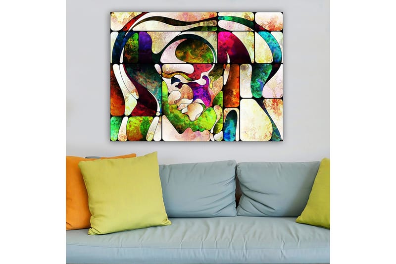 Canvastavla 70x100 cm - Abstrakt porträtt med färgglada former och linjer - Grön / Röd / Lila - Inredning - Tavlor & konst - Canvastavlor