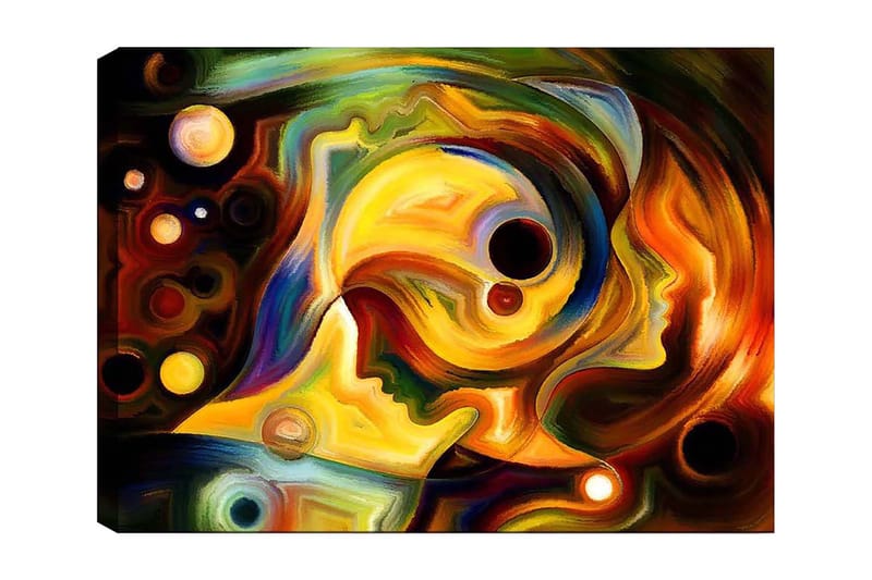 Canvastavla 70x100 cm - Abstrakt porträtt av två ansikten som förenas i en färgsprakande komposition, Guld / Röd / Svart