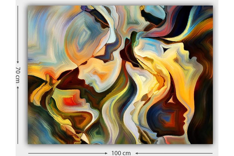 Canvastavla 70x100 cm - Abstrakt porträtt av ansikten som smälter samman i en dynamisk komposition - Guld / Mörkgrön / Röd - Inredning - Tavlor & konst - Canvastavlor