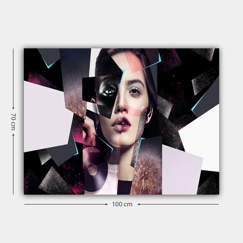 Canvastavla 70x100 cm - Abstrakt porträttkomposition av en kvinna med geometriska former och kontrasterande färger - Svart / Vit / Rosa - Inredning - Tavlor & konst - Canvastavlor
