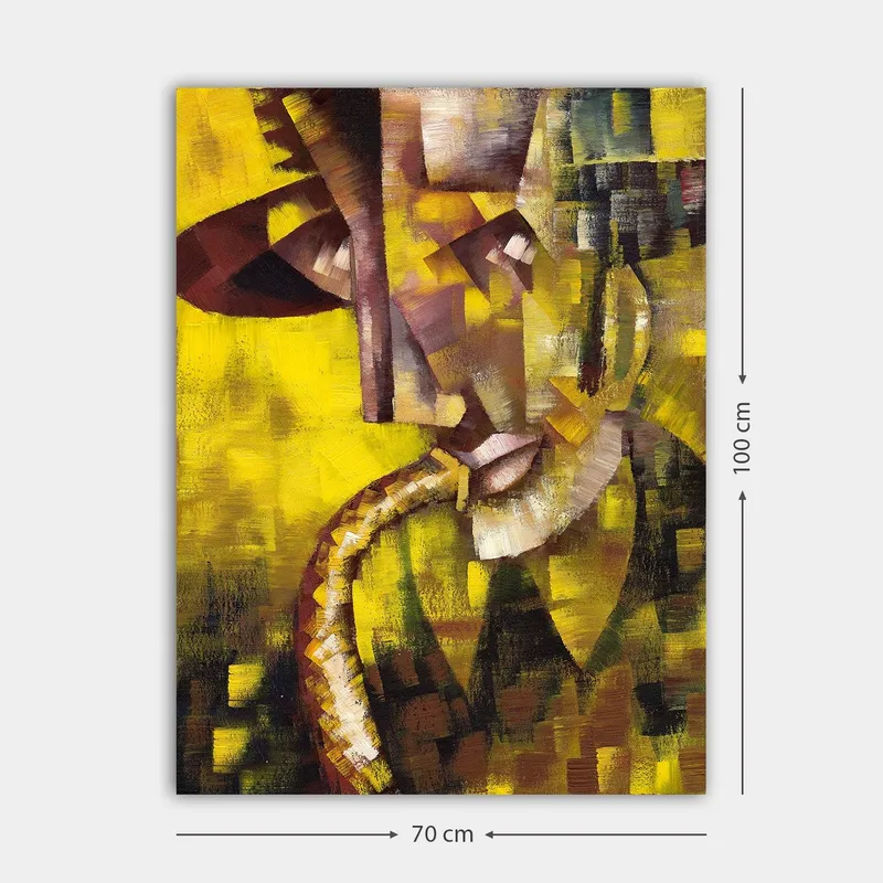 Canvastavla 70x100 cm - Abstrakt porträtt av en musiker som spelar saxofon, med fokus på ansiktets och instrumentets former - Gult / Brunt / Svart - Inredning - Tavlor & konst - Canvastavlor