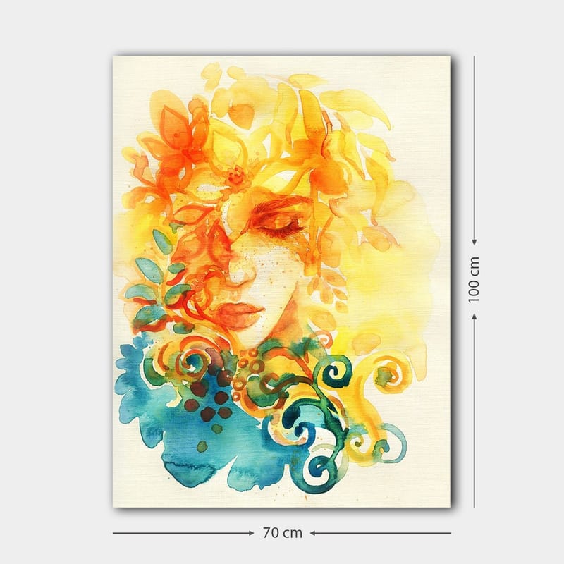 Canvastavla 70x100 cm - Abstrakt porträtt av en kvinna med blommor och löv i gult och orange - Gult / Orange / Blått - Inredning - Tavlor & konst - Canvastavlor