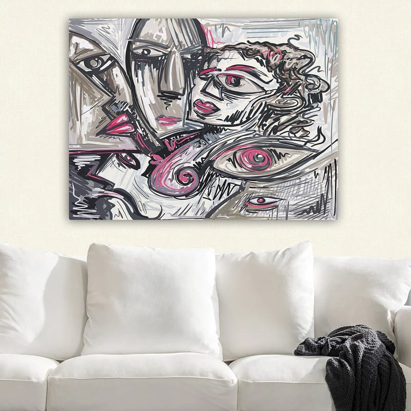 Canvastavla 70x100 cm - Abstrakt porträtt av ansikten med känslomässiga uttryck - Grå / Rosa / Svart - Inredning - Tavlor & konst - Canvastavlor