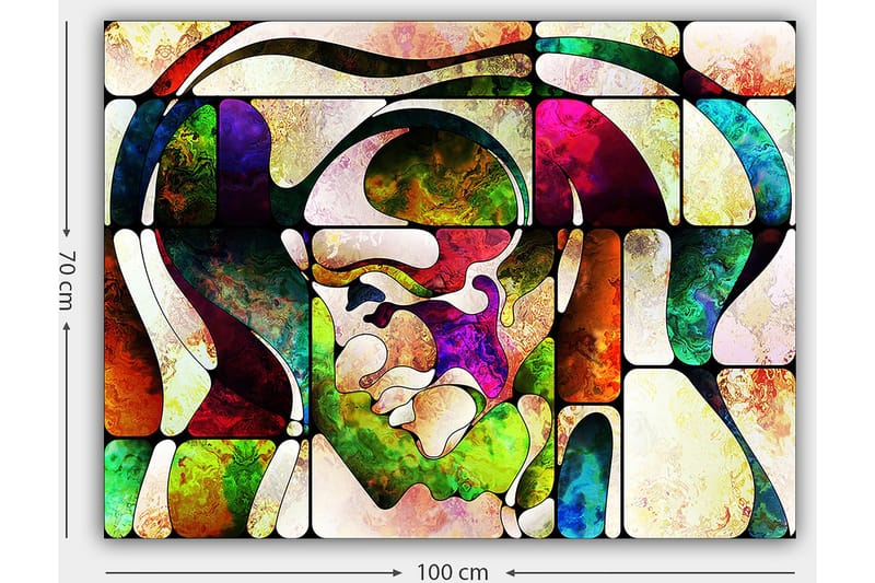 Canvastavla 70x100 cm - Abstrakt porträtt med färgglada former och linjer - Grön / Röd / Lila - Inredning - Tavlor & konst - Canvastavlor