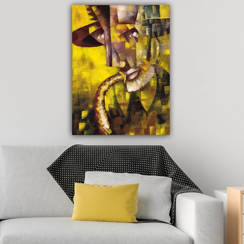 Canvastavla 70x100 cm - Abstrakt porträtt av en musiker som spelar saxofon, med fokus på ansiktets och instrumentets former - Gult / Brunt / Svart - Inredning - Tavlor & konst - Canvastavlor