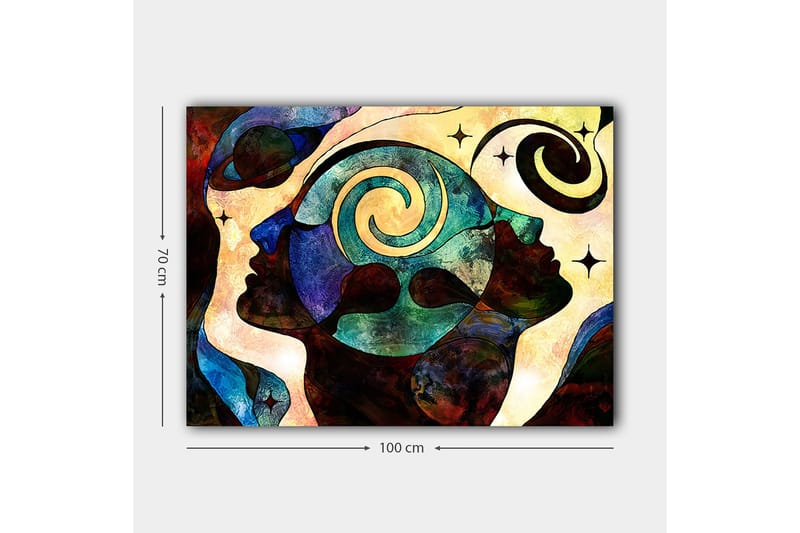 Canvastavla 70x100 cm - Abstrakt porträtt av ansikten med spiralmotiv som symboliserar tankar och känslor - Mörkblå / Grön / Brun - Inredning - Tavlor & konst - Canvastavlor