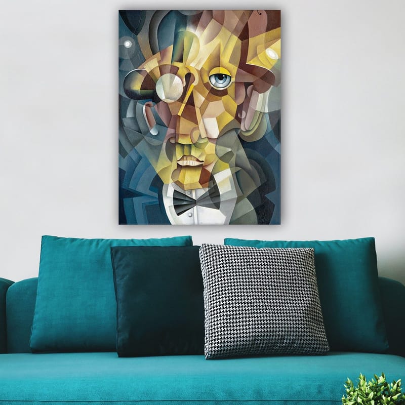 Canvastavla 70x100 cm - Abstrakt porträtt av en man med en elegant kostym och en uttrycksfull blick - Guld / Blå / Beige - Inredning - Tavlor & konst - Canvastavlor