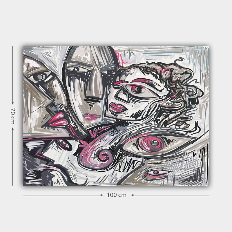 Canvastavla 70x100 cm - Abstrakt porträtt av ansikten med känslomässiga uttryck - Grå / Rosa / Svart - Inredning - Tavlor & konst - Canvastavlor