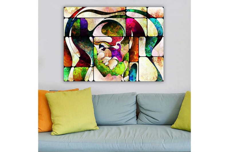 Canvastavla 70x100 cm - Abstrakt porträtt med färgglada former och linjer - Grön / Röd / Lila - Inredning - Tavlor & konst - Canvastavlor