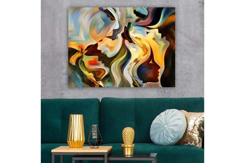 Canvastavla 70x100 cm - Abstrakt porträtt av ansikten som smälter samman i en dynamisk komposition - Guld / Mörkgrön / Röd - Inredning - Tavlor & konst - Canvastavlor