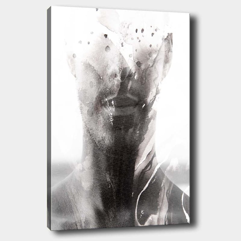 Canvastavla 70x100 cm - Abstrakt porträtt av en man med suddiga och flytande linjer som skapar en drömlik känsla, Svart / Grått / Vitt