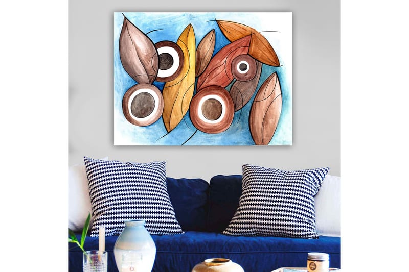 Canvastavla 70x100 cm - Abstrakta former av blad och cirklar i harmoniska färger - Brun / Beige / Vit - Inredning - Tavlor & konst - Canvastavlor