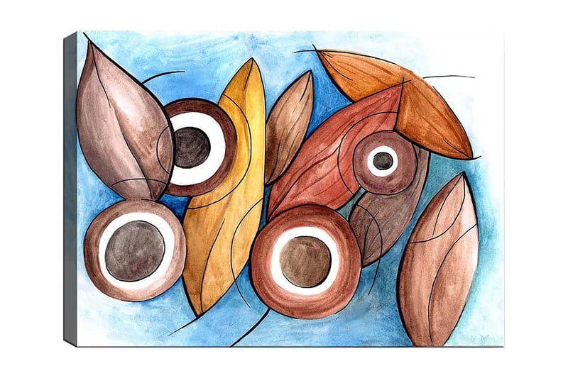 Canvastavla 70x100 cm - Abstrakta former av blad och cirklar i harmoniska färger, Brun / Beige / Vit